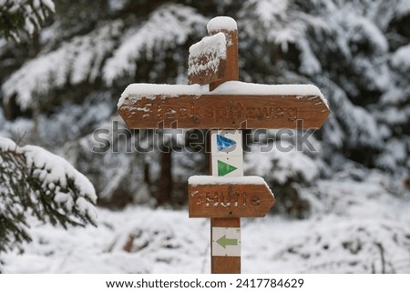 In the snow-covered forest, a wooden, snow-covered signpost with the labels "Hütte" and "Fleckenspitzweg" shows hikers the right way. The picture exudes a calm and atmosphere.