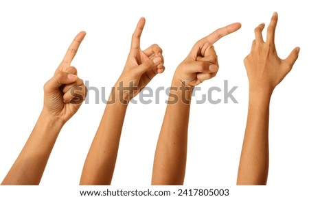 Hand set isolated from background, for advertising, branding, clip art, advertising business. Open your hand, hold something, point your finger. print, media