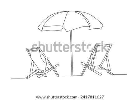 Folding chairs and umbrellas for relaxing on the beach. Beach one-line drawing