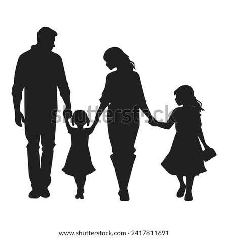 Silhouette vector illustration of a family holding hands. A happy and harmonious family. Black and white family vector.