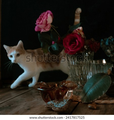 Nature-morte des fleurs avec un petit chat