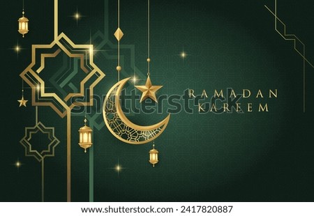 Ramadan Kareem design on green Islamic background with gold ornament star, moon, mosque, lanterns and islamic elements. Suitable for raya and ramadan template concept. Royalty-Free Stock Photo #2417820887