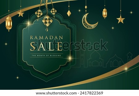 Ramadan Kareem design on green Islamic background with gold ornament star, moon, mosque, ketupat and lanterns. Suitable for raya and ramadan template concept. Royalty-Free Stock Photo #2417822369