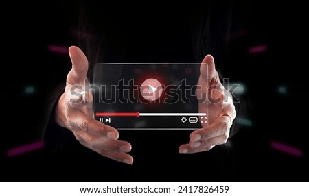Online live video marketing concept.Photo sign made by human hands background