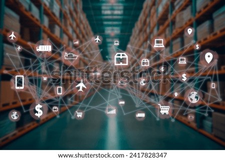 Distribution center concept and international communication network. globalized business, transportation and professional connections. Royalty-Free Stock Photo #2417828347