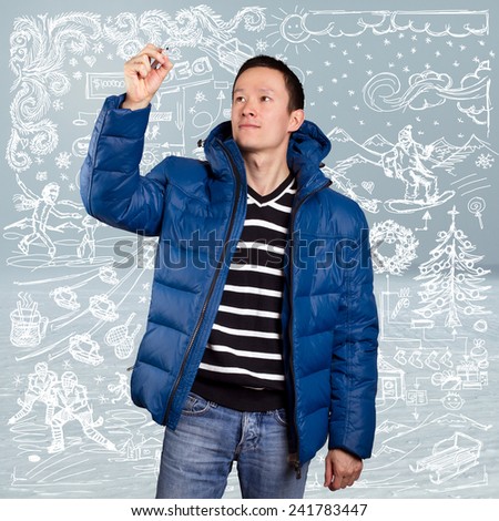 Asian man in blue down-padded coat, with winter fun sketch background