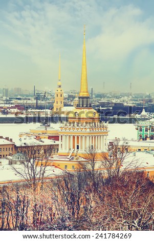 Admiralty ,Peter and Paul Fortress in winter. View from St. Isaac's Cathedral, St. Petersburg, Russia. Vintage picture