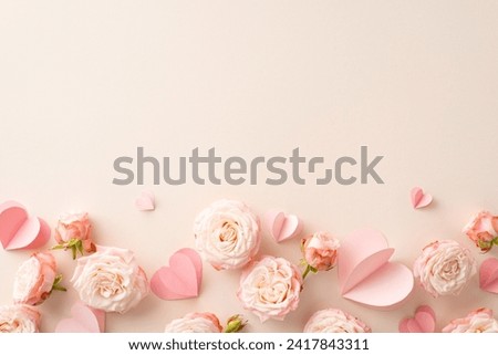 A tribute to your loving girlfriend on Women's Day! Cherish her with this top view photo of radiant rose blooms and tender hearts, set on pastel beige canvas. Perfect space for your message or promo