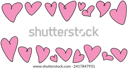 Vector frame, border of hand drawn pink outline hearts. Simple freehand scribble horizontal top and bottom edging, decoration for Valentine's day, romantic design Royalty-Free Stock Photo #2417847931
