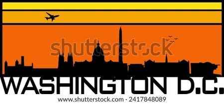 Retro style orange and yellow horizon rectangular horizontal graphic with Washington District of Columbia buildings black city skyline silhouette. Vector eps graphic design. 