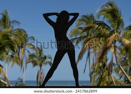 In the enchanting Caribbean, a radiant woman strikes a pose on a stunning beach, her silhouette graced by the vivid blue sky, embodying timeless beauty and coastal allure. Royalty-Free Stock Photo #2417862899