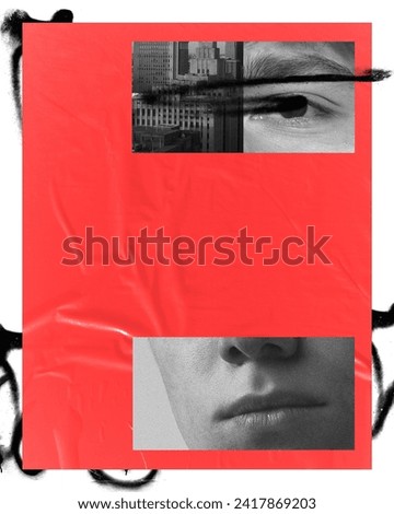 Abstract image with red background, monochrome cityscape and close-up male features. Cinematic poster for film exploring themes of identity and urban life. Modern aesthetic. Empty space to insert text