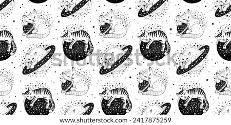 Cat space galaxy background pattern. Cute night illustration. Star Saturn cat seamless pattern. Witch animal background. Psychedelic mystic magic gothic element. Esoteric black kitty. Halloween art
