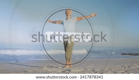 Image of speech bubble with thumbs up and numbers of likes over smiling senior woman on beach. digital interface, social media and global networking concept digitally generated image.