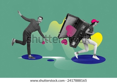 Picture collage pop template of happy guy dancing enjoying receive 14 february postcards from his girlfriend