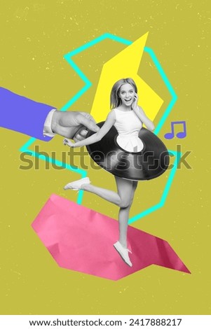 Composite collage picture image of funny young female skirt vinyl record skirt dress hand hold concept weird freak bizarre unusual fantasy