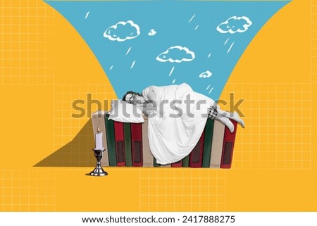 Composite collage picture image of lying girl sleep blanket book shelf reading good morning fantasy billboard comics zine minimal