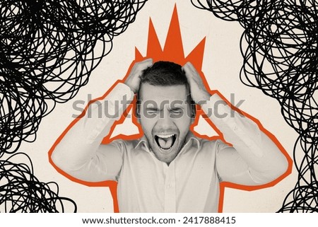 Collage image of unsatisfied outraged black white effect guy hands pull hair scream isolated on painted messy background