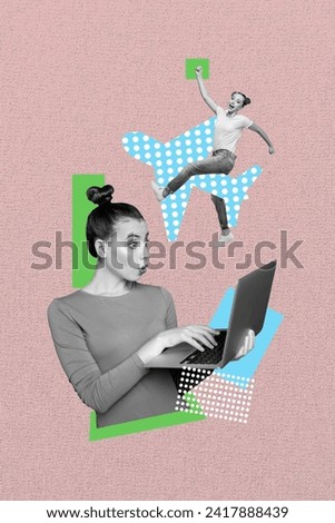 Composite collage image of shocked female computer worker cheerful flying girl have fun weird freak bizarre unusual fantasy billboard