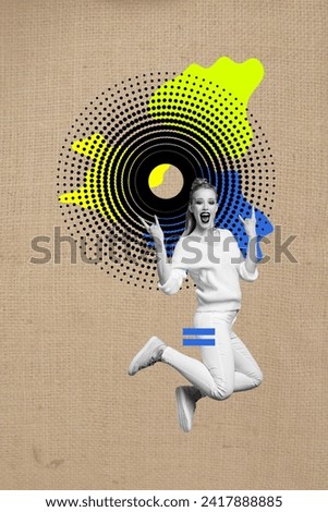 Creative abstract template of excited active female jump shopping black friday surreal poster weird freak bizarre unusual fantasy billboard