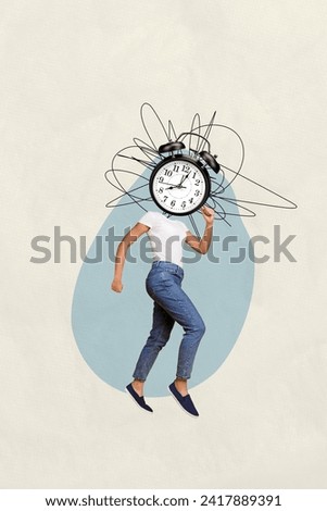 Vertical collage picture poster young running woman girl headless huge clock alarm instead face doodles deadline hurry late miss time