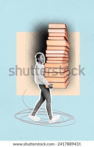 Vertical collage poster image black white filter excited powerful young woman carry book library stack creative unusual doodle sketch
