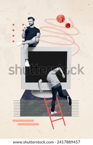 Vertical creative photo collage young two men computer modern technology absorb human addiction remote work online job drawing background Royalty-Free Stock Photo #2417889457
