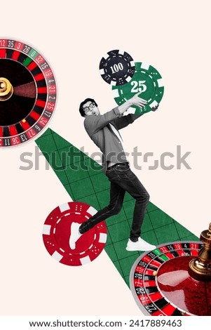 Vertical collage picture of impressed mini black white colors guy arms hold big heavy casino chip tokens roulette wheel