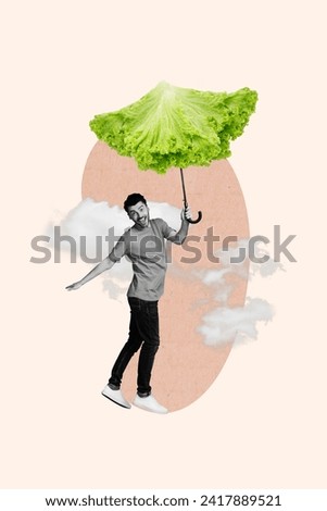 Collage artwork minimal picture of funny funky guy walking holding salad leaf umbrella isolated beige color background