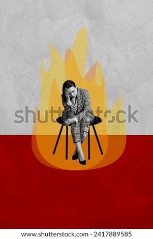 Vertical collage poster sitting young woman worker employee businesswoman exhausted low energy crisis burnout fire flame drawing background