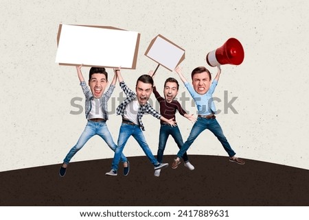 Creative collage young colleagues men demonstrate protest equity rights proclaim loudspeaker pretense sales discount special offer promo Royalty-Free Stock Photo #2417889631
