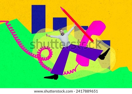 Photo collage image young crazy shouting man hold pencil charts progress stats telephone communication wire drawing background Royalty-Free Stock Photo #2417889651