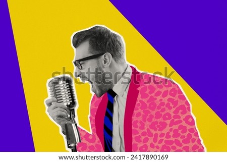 Composite collage portrait of excited black white effect singer guy hold microphone spotlight stage isolated on creative background