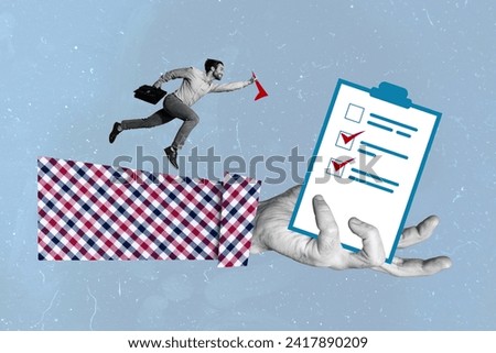 Photo collage artwork minimal picture of excited worker running putting check mark clipboard isolated blue color background