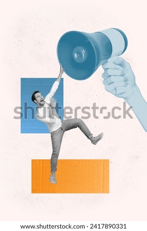 Vertical creative collage poster young scared man struggle noise loudspeaker proclaim announcement message drawing background Royalty-Free Stock Photo #2417890331