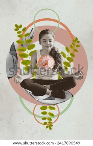 Vertical collage picture illustration retro effect concentrated peaceful little lady practice meditation therapy lotus flower leaf banner