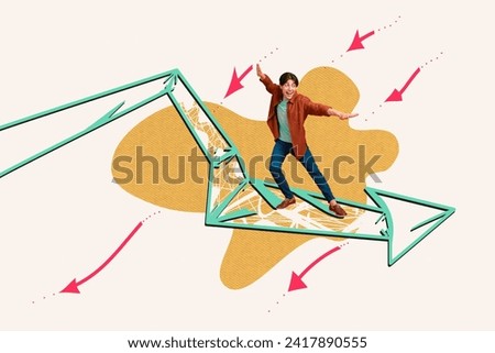 Creative collage picture illustration happy excited joyful young man ride cool surf arrow draw sketch comic exclusive colorful template