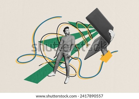 Collage creative poster black white effect shocked surprised crazy young man watch laptop hand hold caricature sketch exclusive template Royalty-Free Stock Photo #2417890557
