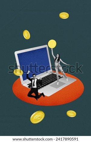 Vertical collage picture poster young businessman celebrate victory winner income increase virtual money profit tokens trader laptop