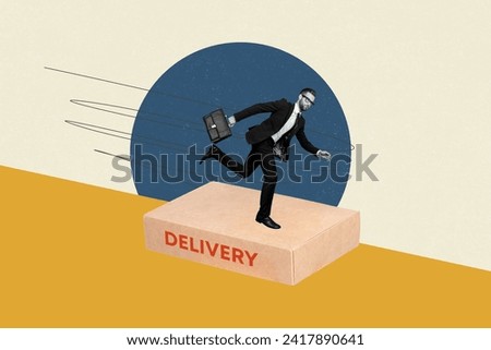 Creative collage image banner young running businessman guy consumer send carton box package delivery order receive shipment service Royalty-Free Stock Photo #2417890641