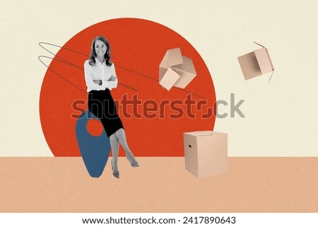 Collage creative picture image black white effect excited enjoy smile young woman sit fly box delivery unusual white background Royalty-Free Stock Photo #2417890643
