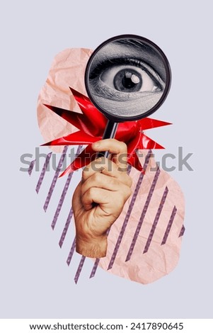 Vertical collage of arm hold magnifier lens glass black white effect eye watch look isolated on creative violet background
