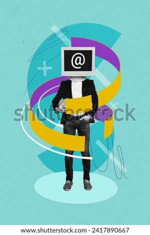 Composite collage image of computer monitor instead head man virtual communication email send letter weird freak bizarre unusual fantasy