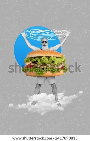Vertical collage creative picture image monochrome effect excited happy funny old man raised hand hamburger gigantic empty background Royalty-Free Stock Photo #2417890815