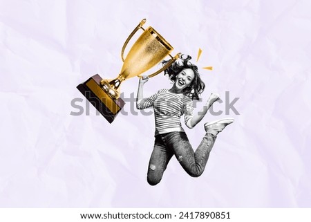 Exclusive magazine picture sketch collage image of lucky excited lady jumping rising fists getting prize isolated pink color background Royalty-Free Stock Photo #2417890851