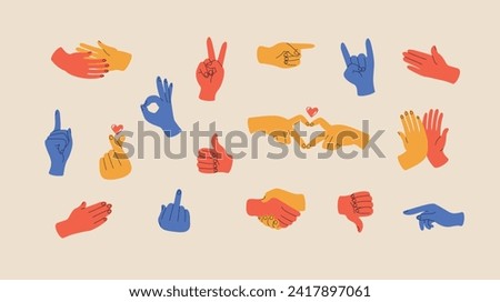 Set of colorful hands with different gestures. Like, love, ok, dude, handshake, tumbs up etc. hand drawn vector illustration. All elements are isolated.