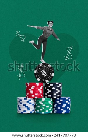 Photo collage artwork picture of carefree funny lady dancing chips pile isolated green color background