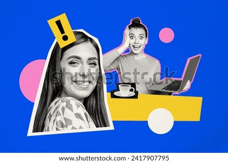 Creative contemporary art collage illustration of funny girl forgot about friend request in facebook isolated on blue color background