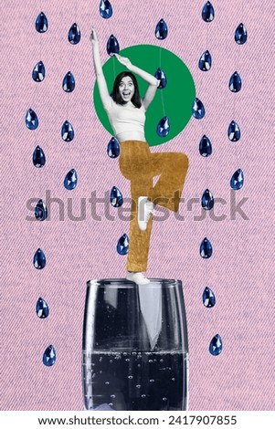 Magazine collage picture of impressed funky lady enjoying sparkling wine isolated pink. color background