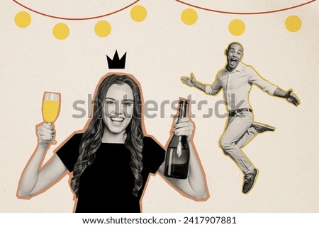 Festival party collage of young girl holding bottle champagne drink alcohol her birthday with friends isolated on gray color background